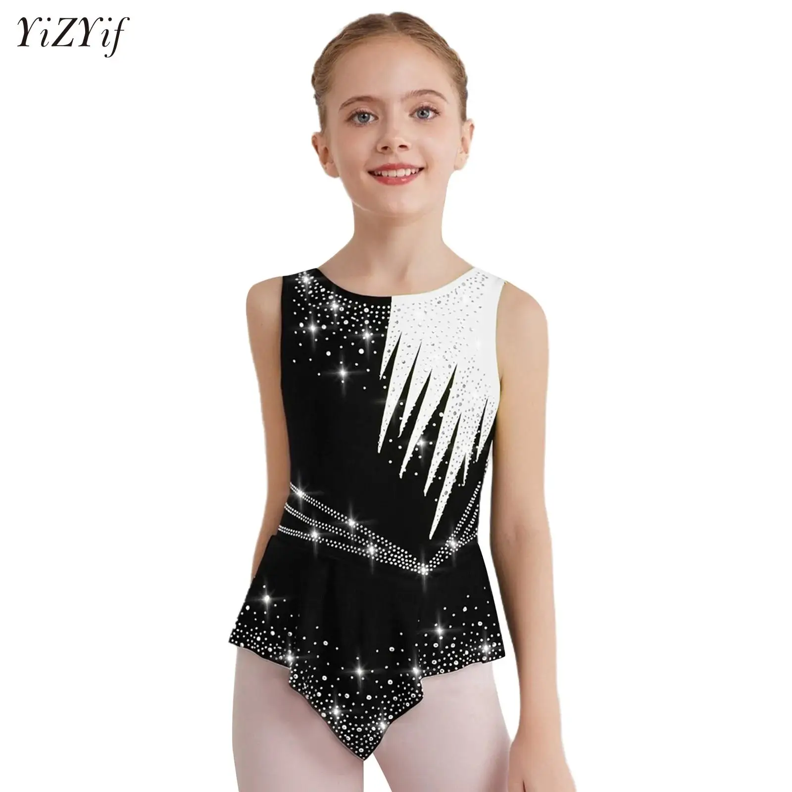 

Kids Girls Rhythmic Gymnastics Bodysuits Ballet Lyrical Latin Dance Competition Performance Costume Shiny Leotard Jersey Dresses