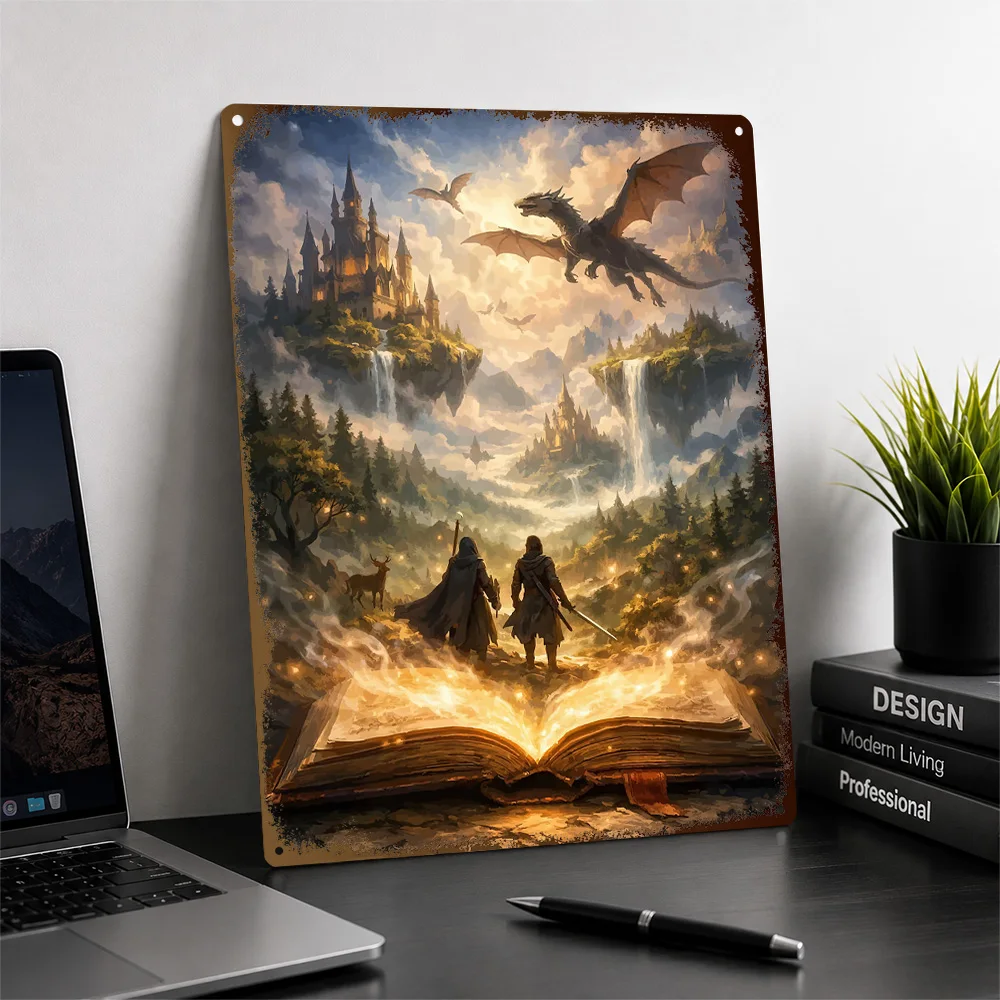 Fantasy Book Opens To Magical World Printed Poster Personalized Aluminum Metal Sign Dark Gothic Style Wall Art Game Room Decor