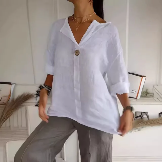 VEITCHE Spring Summer Women's Shirt Blouses Top V-neck Button Tee Shirts  3/4 Sleeve Casual Cotton Linen Top Loose Fit Pullover 2