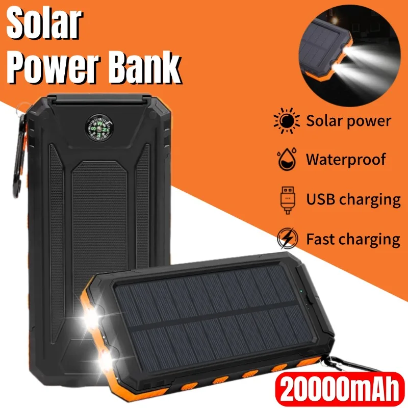 

20000mAh Solar Power Bank Waterproof Mobile Power Large Capacity Power Bank Fast Charging Battery For iPhone Samsung Xiaomi