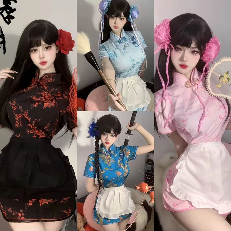 

Sexy Chinese Little Chef Cosplay Costume Women Pink Cheongsam Lolita Maid Apron Dress Uniform Improved Modern Hanfu Mini Dress