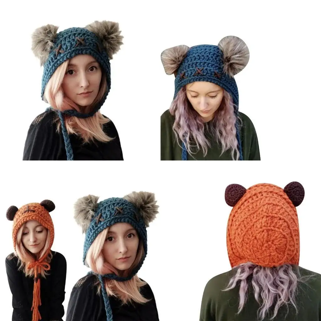 

R1WE Adult Children Knitted Ears Winter Hat Bear Hat New Year Halloween Party