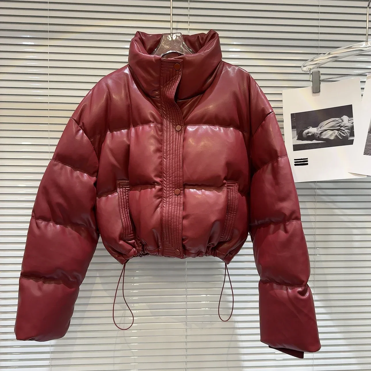 2024 Winter New Hot Girl PU Leather Drawstring Puffer Coat Warm Women's Stand-up Collar Long Sleeve White Down Jacket Feminina