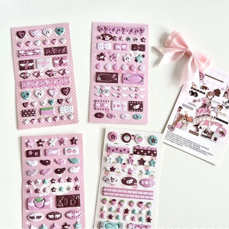 

3D Cartoon Strawberry Glitter Sticker INS Heart Star Bubble Sticker Stationery Decor Stickers Musical Note Journal Stickers