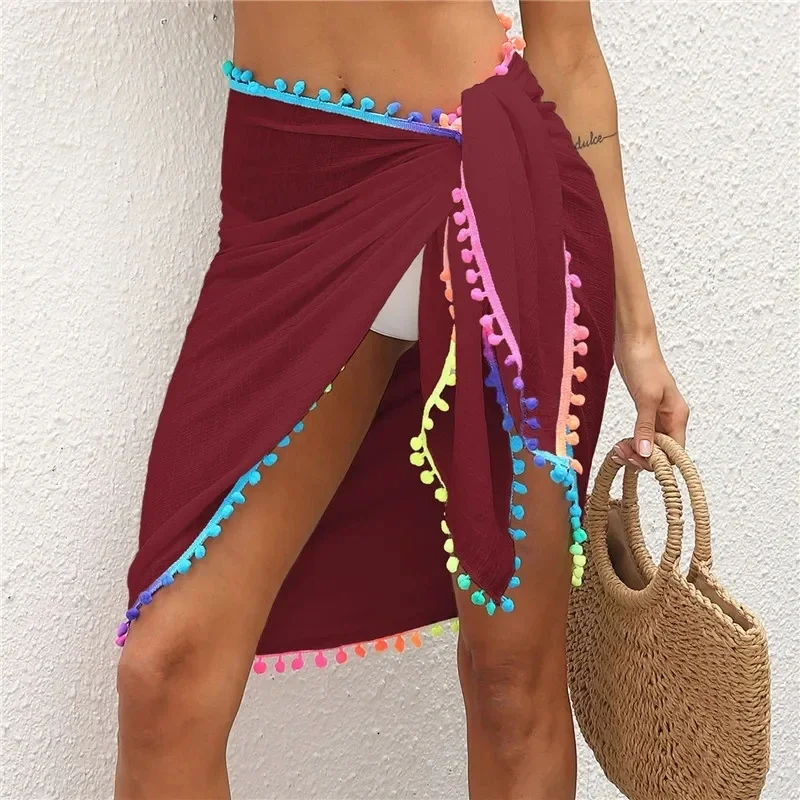 Beach Skirt Color Tassel Patchwork Bandage Irregular Shawl One-piece 2023 New Seaside Holiday Multi-function Shawl Red