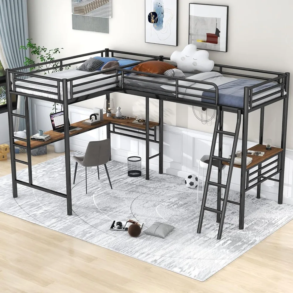 Double Twin Size Loft Beds, Metal L-Shaped Loft Bed Frame with Two Desk Underneath for 2 Kids Boys Girls Teens, Black