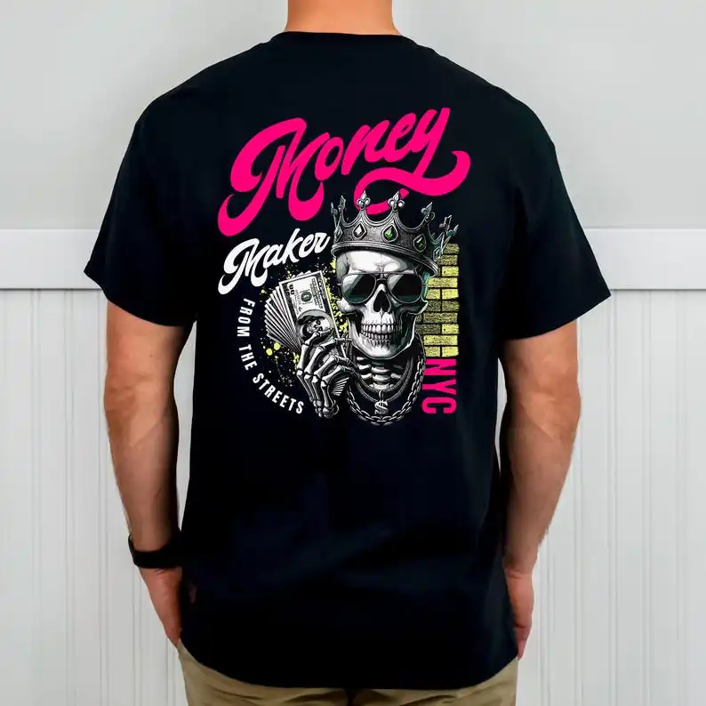 

Camiseta de calle Money Maker, con calavera con corona y abanico dólares en estilo hip-hop neoyorquino con estampado en la