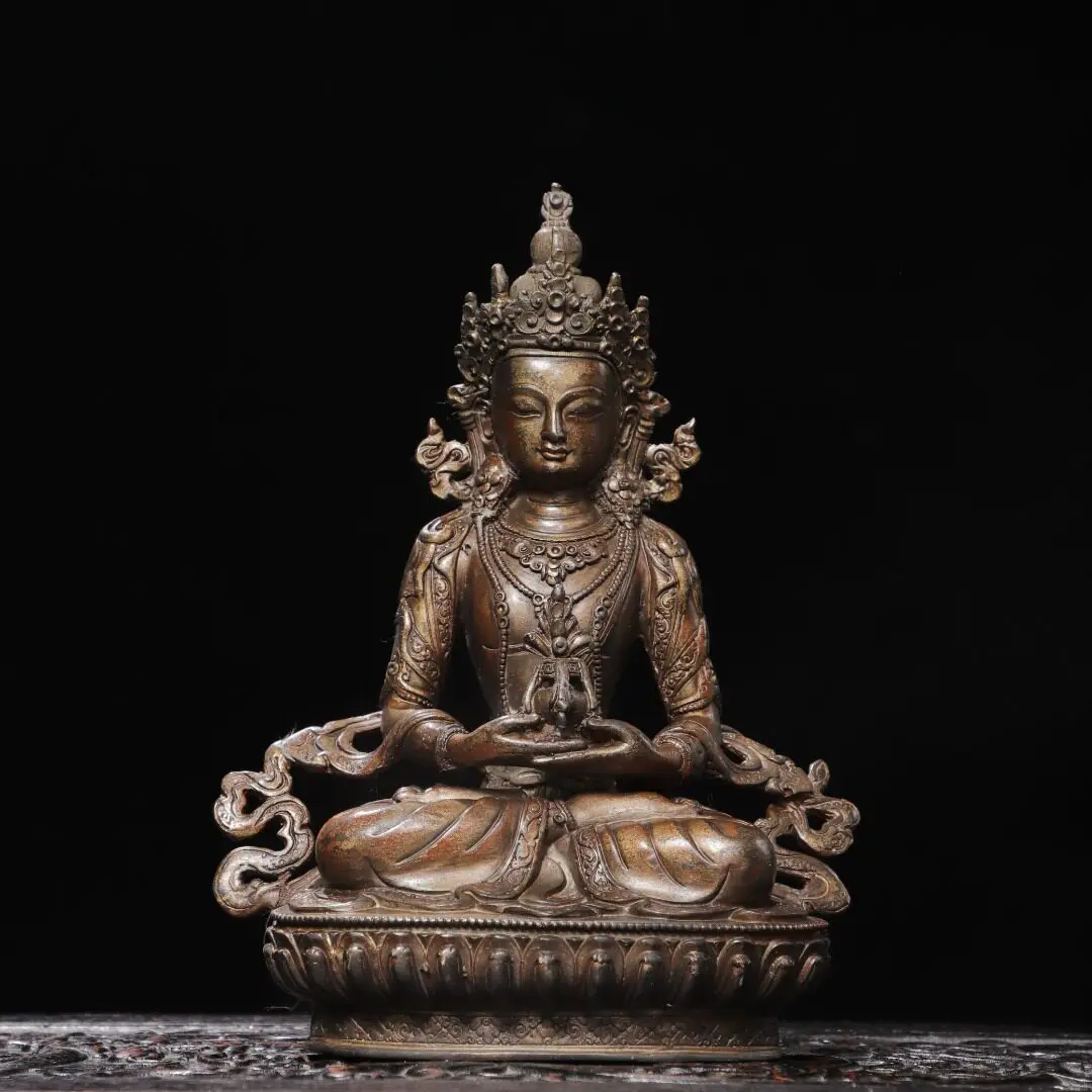 Longevity Buddha Amitayus Pure Copper Gold Plated Antique Home Temple Decor Craft Desk Ornament