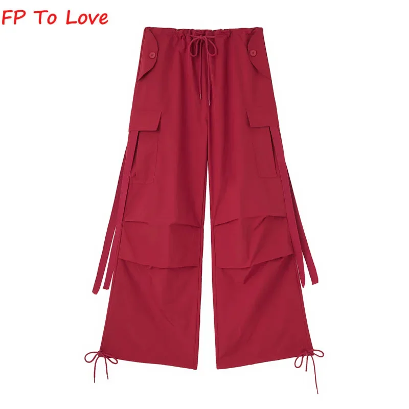 Y2K Pocket Cargo Pants Woman Loose Trousers Wide Leg Hot Pink Sashes Belt Campus PB&ZA Female Yellow Red Grey Black