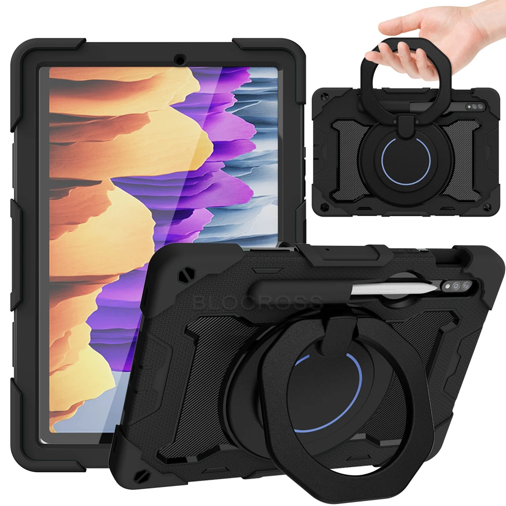 With S Pen Holder Case for Samsung Galaxy Tab S8 Plus 2022/ S7 FE 2021/ S7 Plus 2020 12.4 inch Rotating Stand Ring Handle Rugged