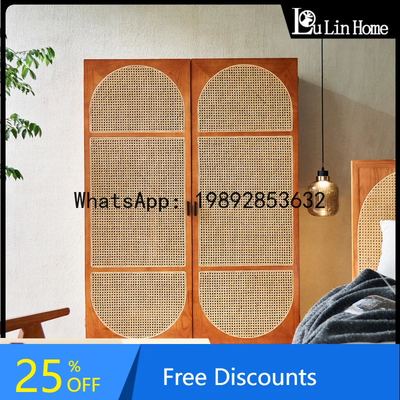 ZK Nordic Solid Wood Wardrobe Modern Home Rattan Wardrobe Creative Storage Cabinet for Guesthouse Bedroom Storage Cabinet