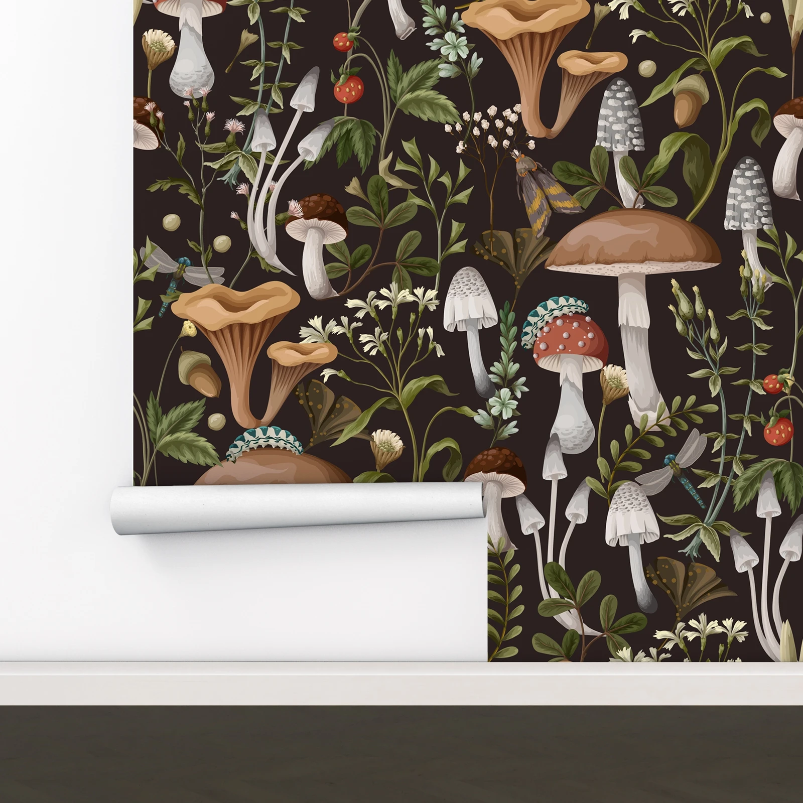 Enchanting Forest Mushroom Wallpaper， Magical Home Decor，Nature-inspired Mushroom Wall Sticker Wallpaper，Dark Hue Wall Paper