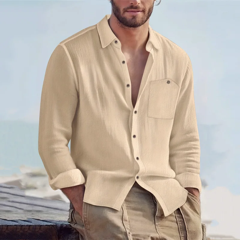 Men Spring Autumn Solid Color Linen Cardigan Lapel Collar Long Sleeve Shirt Breathable Button Top Daily Leisure Outdoor Wear
