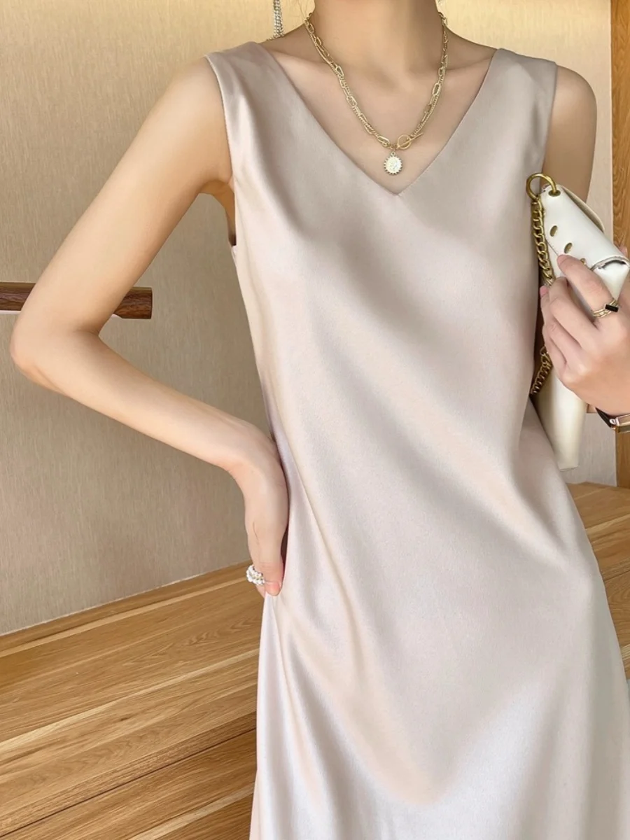 Ele cetim midi dr vestido feminino svel v-ne saia evasê cor pura commute sle primavera verão faion dr