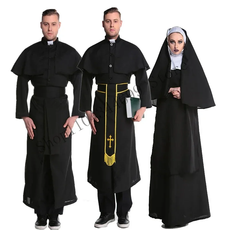 Couple Priest Nun Habit Costume Traditional Medieval Religious Outfit Cosplay Fancy Party Dress Carnival Halloween CMM