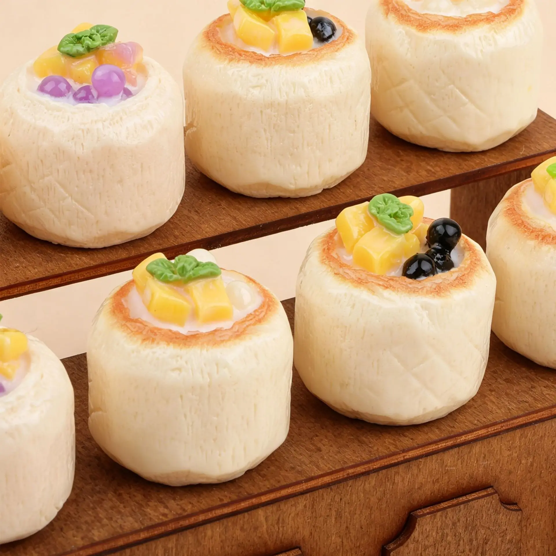 4pcs Mini Mango Coconut Jelly Model Dessert Food DIY Resin Keychain Pendant Creative Dessert Accessory Decoration Craft Ornament