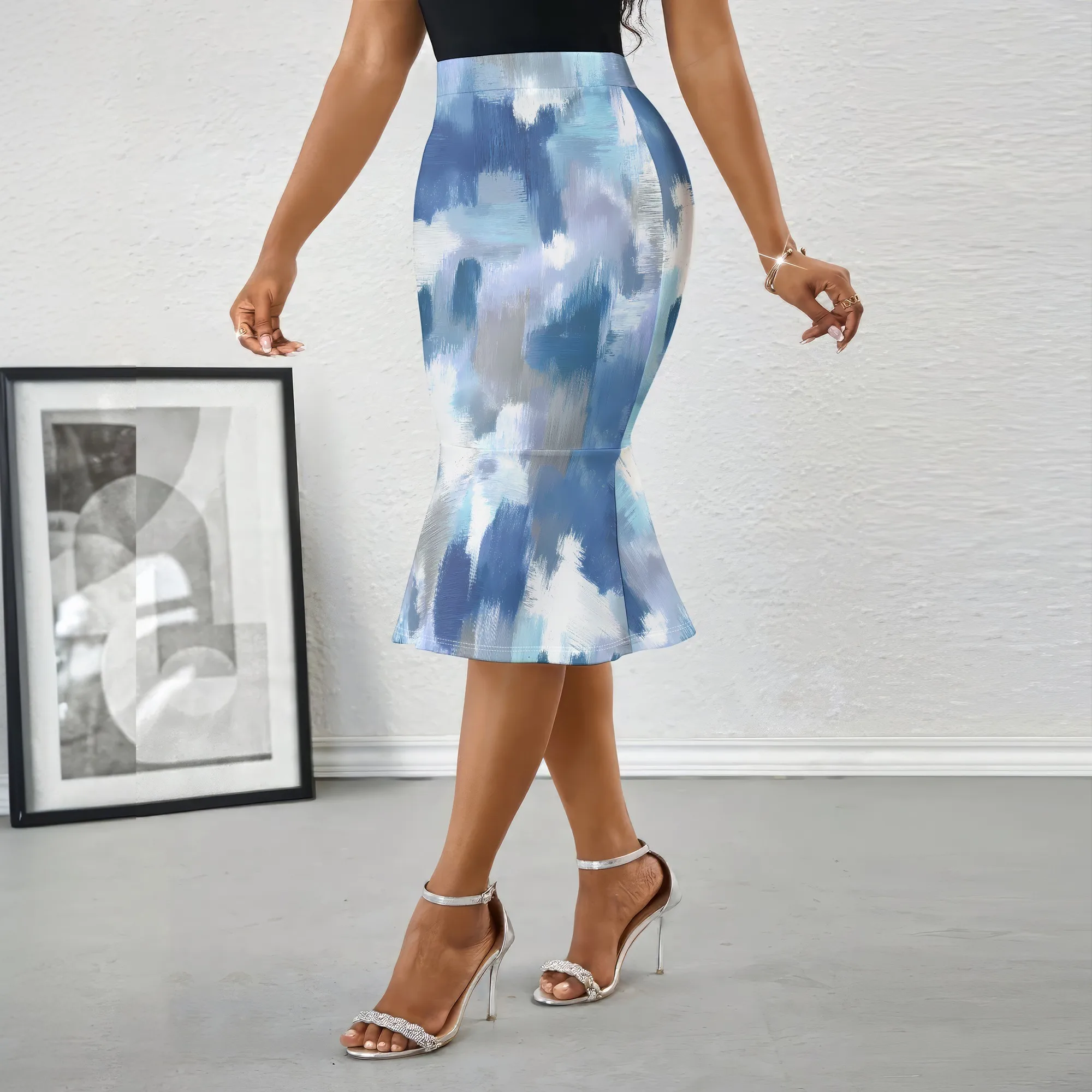Blue Abstract Print Mermaid Skirt, Watercolor Pattern Pencil Skirt, High Waist Fishtail Skirt for Party Date Night, S-2XL