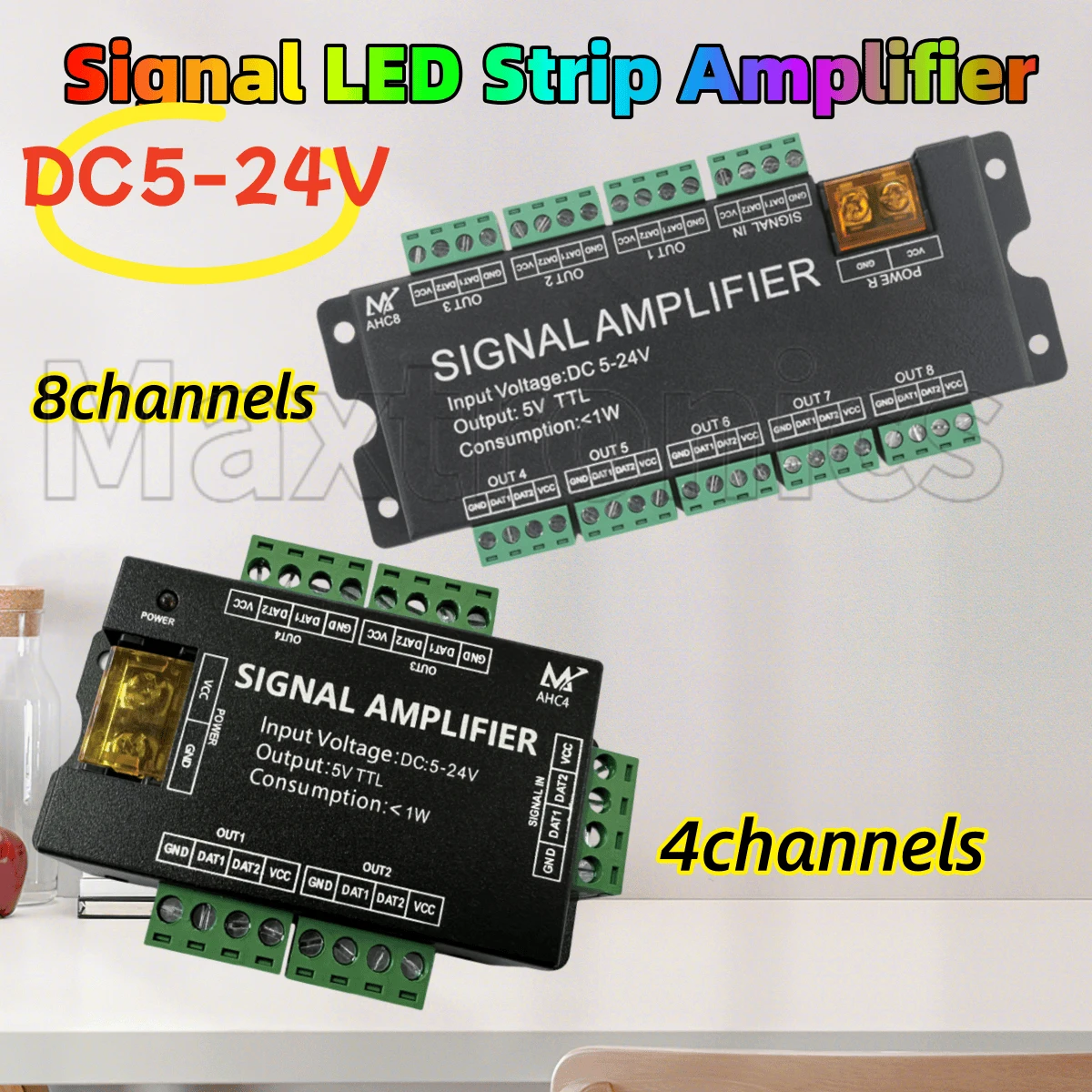 

DC5V-24V 4CH/8CH WS2812B LED Signal Amplifier SPI TTL Signal Output for WS2811 WS2815 WS2813 Sk6812 Pixels LED Strip Light Lamp