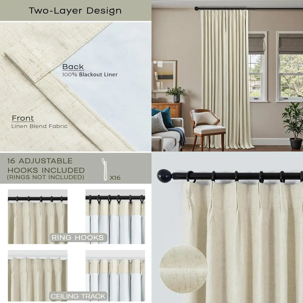 

Linen Blackout Curtains 42x102 Inches with Beige Pinch Pleats