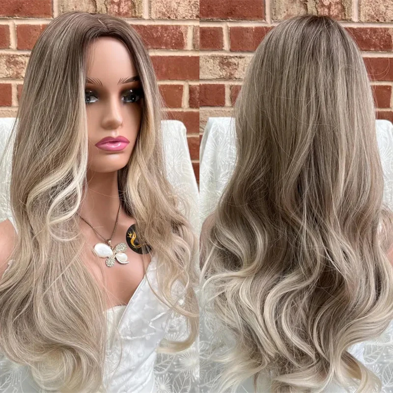 Perruque Synthétique Blonde Ombré à sulfRacines Foncées, Aspect Naturel, Degré de Chaleur, à la Mode, Cosplay, Ondulée, pour Femme