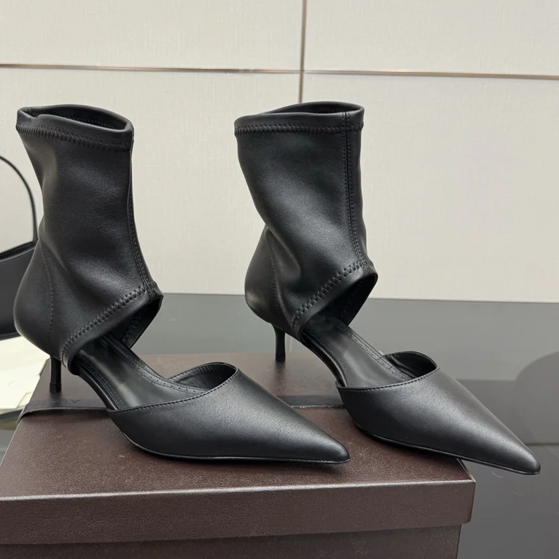 

Матовые кожаные сандалии с открытыми отверстиями, пикантные модные женские современные сандалии на тонком каблуке с острым носком, размер 35–43, новые модные женские сандалии