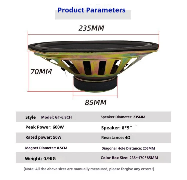 1PC 6x9 Inch Car Coaxial Speaker 600W Peak 4 Ohm Oval Full Range Bass Speaker For Rear Deck Truck Universal Speaker