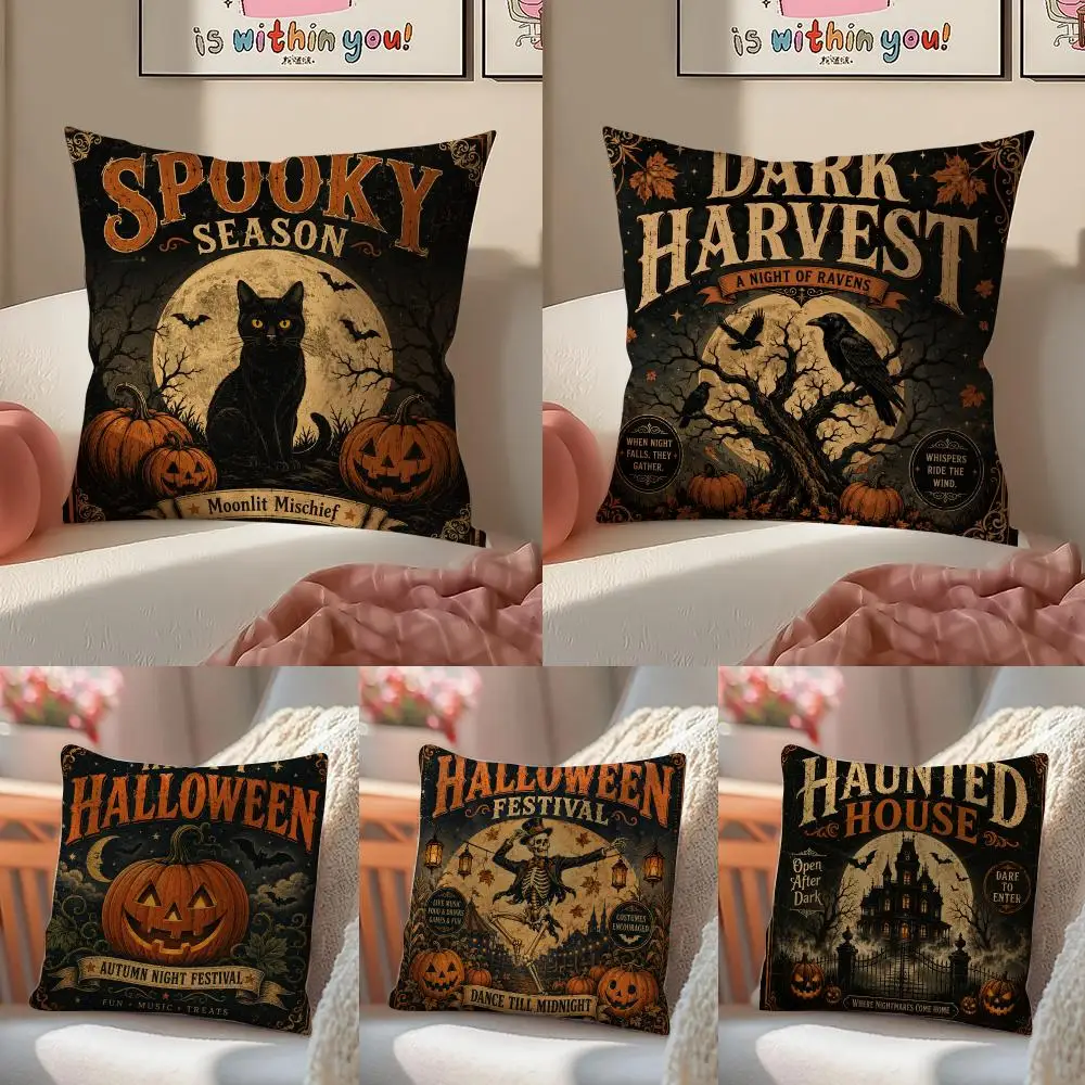 H-Halloween Vintage Poster Style Cushion Cover Pillowcase Short Plush Invisible zipper Room Sofa Cushion Cover