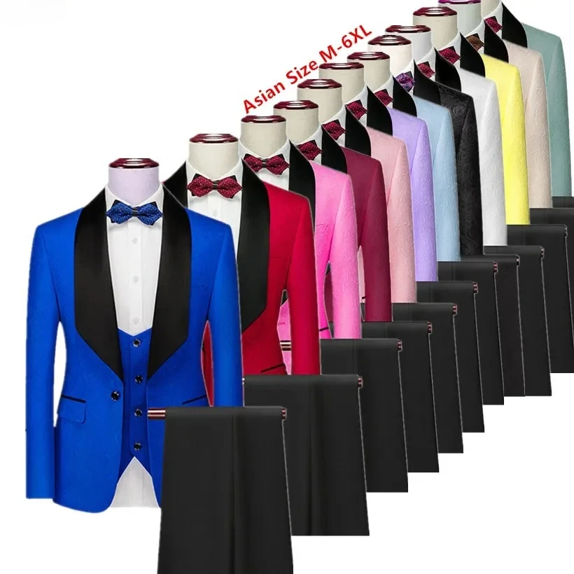 

Asian Size Mens Blue Suit 3-Piece, Jacquard Fabric Jacket and Vest with Black Trousers, Wedding/Party/Business Sets.
