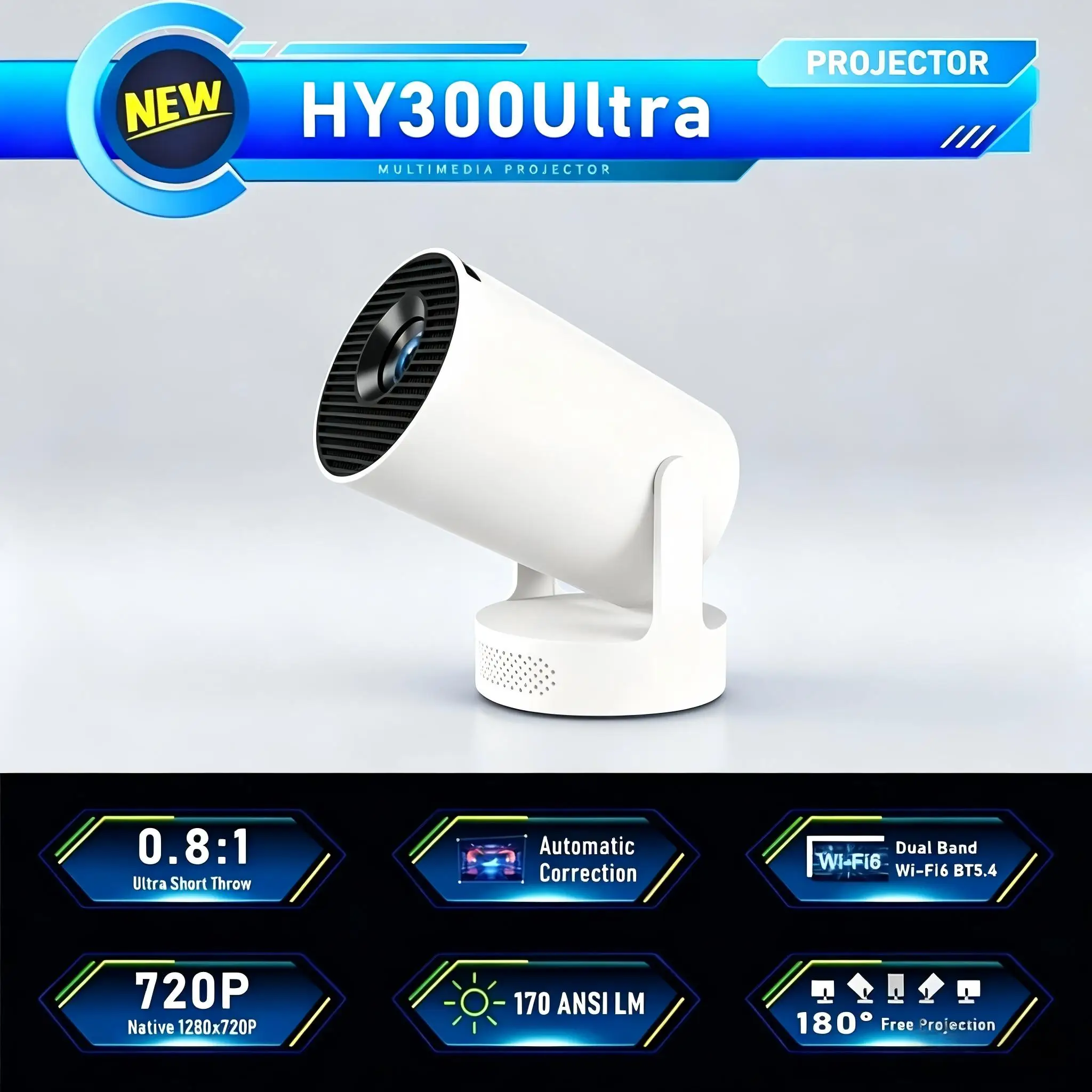 HY300ultra 8K Android 11 Tragbarer Projektor 4000 Lumen WiFi 6 BT5.4 Outdoor-Kino 5W HiFi-Lautsprecher 720P HD