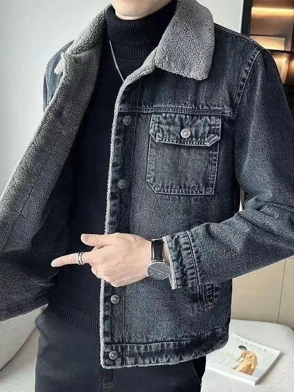 

Men's Slim Fit Fce Lined Denim Jaet Korean Sle Thiened Winter Warm Casual Coat Turtlene Seven Sve Long Coat