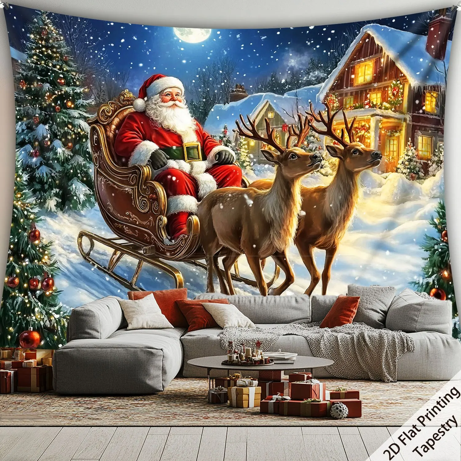 Christmas Tapestry with Santa Claus, Reindeer and Snowy Cottage - HD Printed Polyester Wall Hanging for Holiday Home Deco