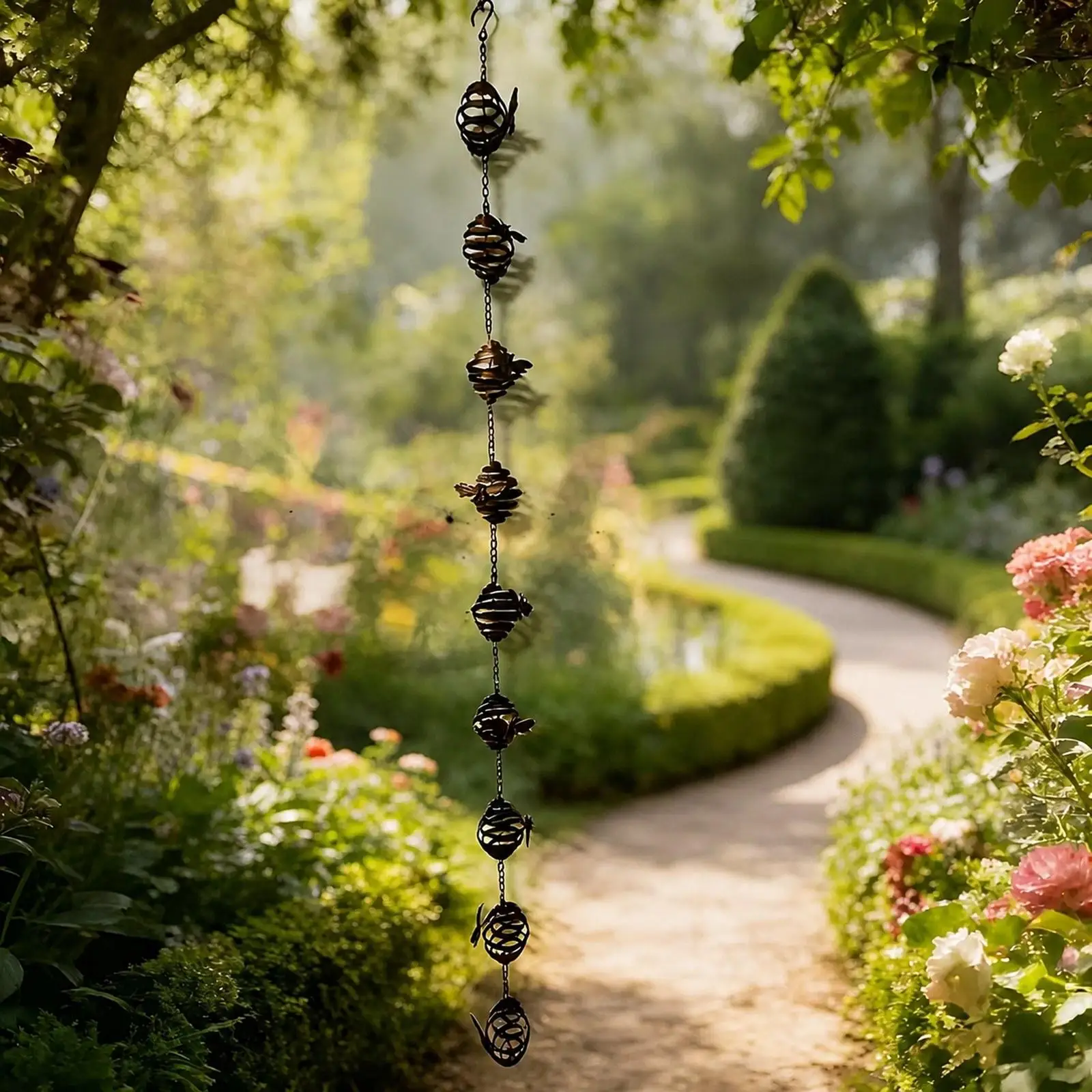 Outdoor Bee Rain Chain Artistic Metal Cup Gutter Water Guide for Summer Yard Gazebo Eaves