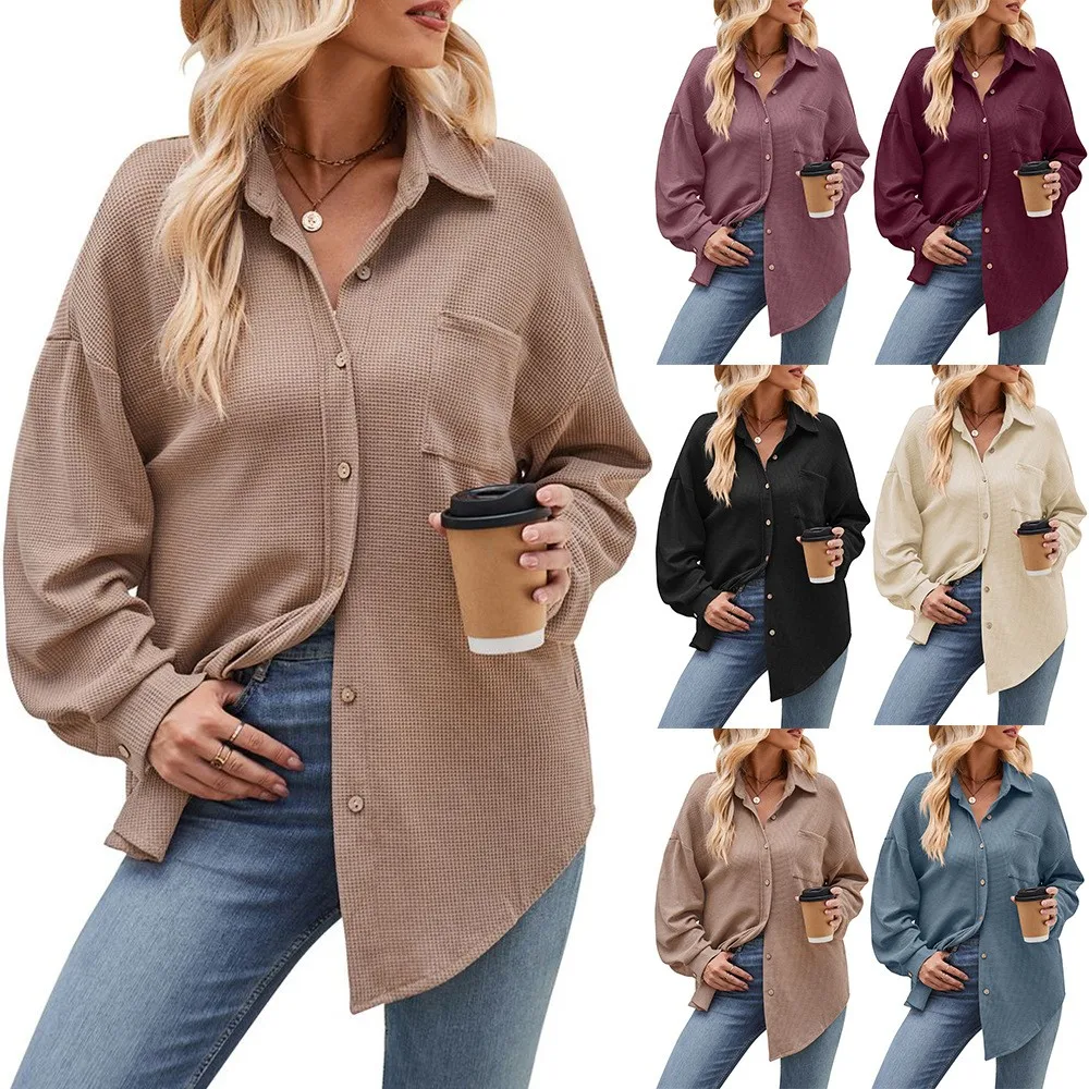 

Women Blouse Cotton Long Sleeve Solid Color Blouses Loose Fit Collar Patchwork Button Down Shirt Oversized Waffle Knit Front