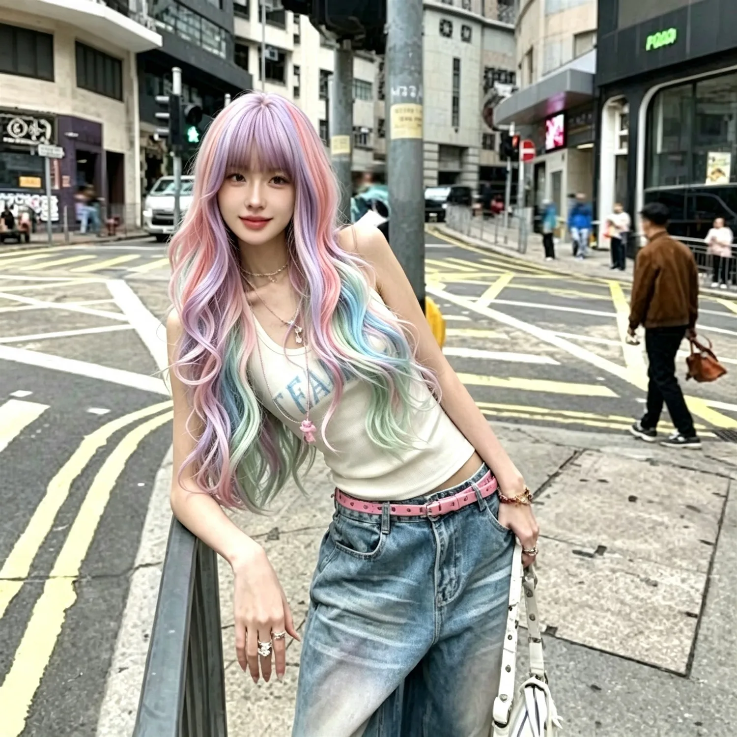 Pink Body Wave Wig 24 Inch Pastel Pink Ombre Heat Resistant Synthetic Wig For Women Cosplay Party