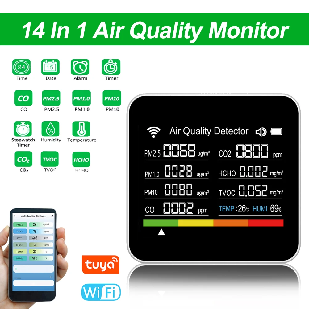 1PCS 14 In 1Air Quality Monitor WiFi APP Control Air Quality Tester CO2 CO TVOC HCHO PM2.5 PM1.0 PM10 T Temperature Meter