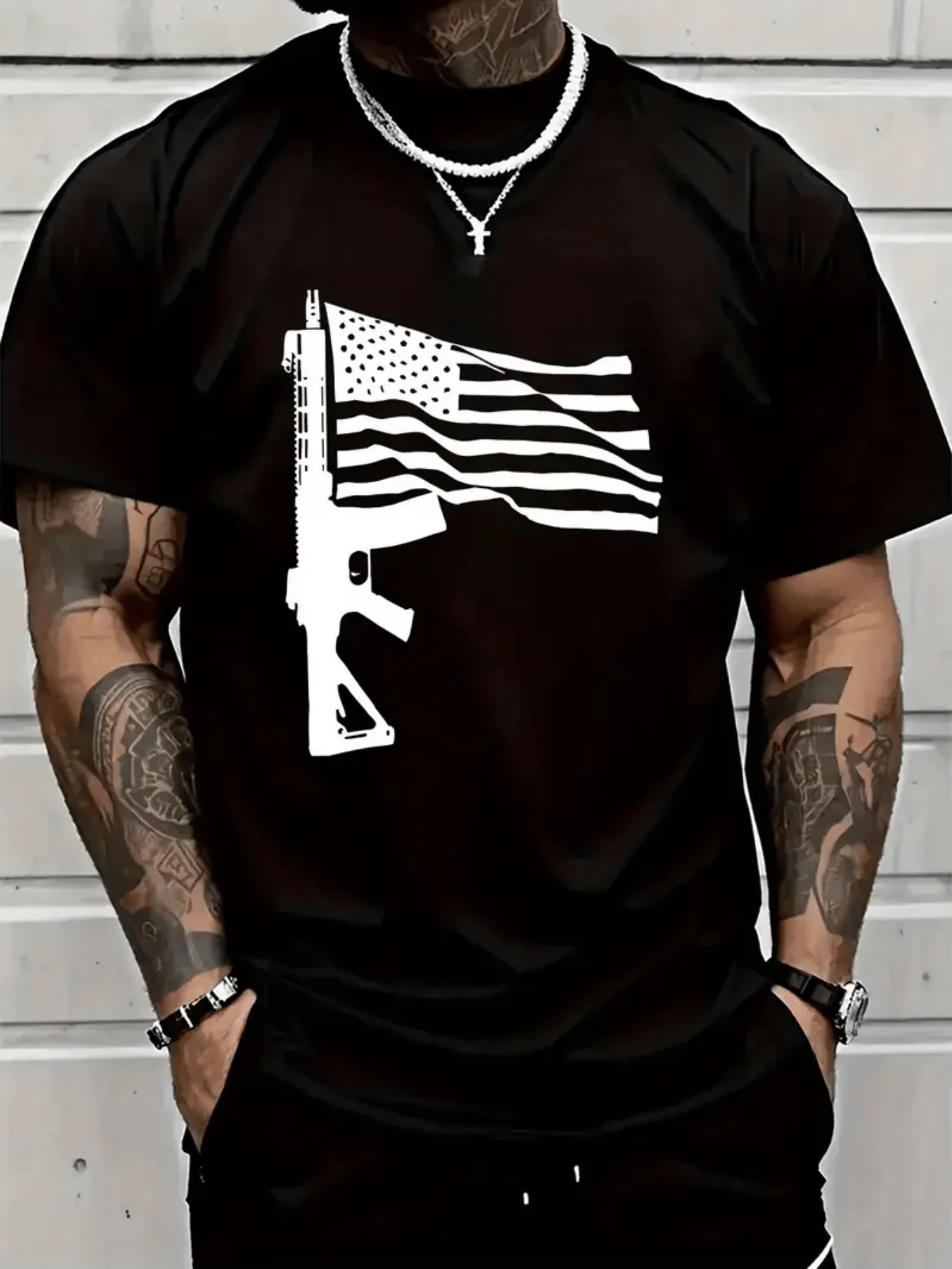 Patriotic American Flag Rifle Graphic T-Shirt 100% Cotton O-Neck Short Sleeve Summer Casual Mens T-shirt Streetwear