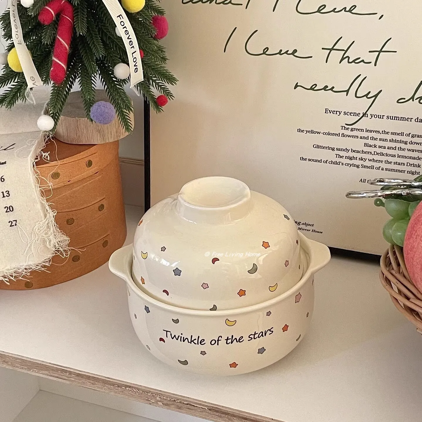 

Korean Style Moon Star Ceramic Instant Noodles Bowl New Students Dormitory Binural Bowls with Lid High Aesthetic Tableware