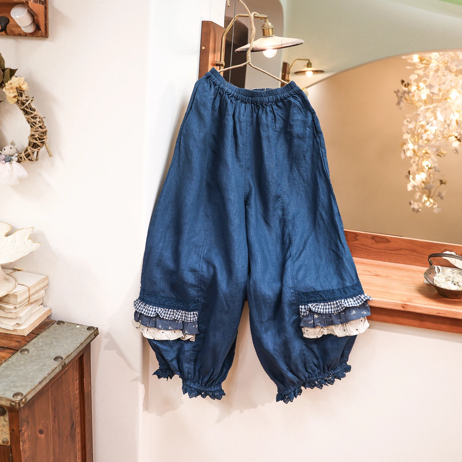 

Mimaki Original Women's Linen Casual Pants Spring Summer Lace Splicing Lantern Pants High Waist Loose Fit Comfortable Linen