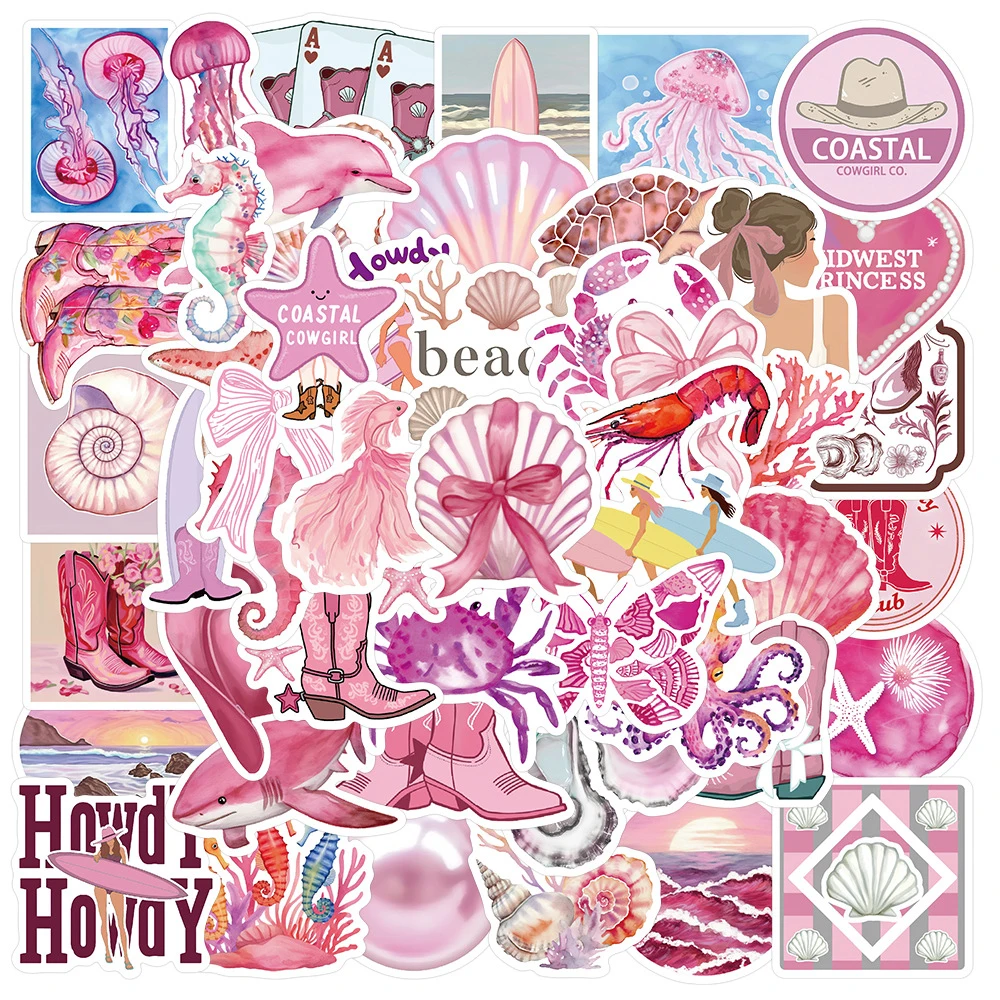 10/30/50pcs Ins Style Cute Pink Coast Girl Stickers Cartoon Ocean Aesthetic Decals Notebook Phone Guitar Bike Sticker Decoration