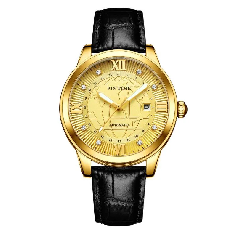 

Luxury Map Pattern Mechanical Watch Men's Leather Strap Automatic Wristwatches Business Self-winding Gentleman Relogio Masculine