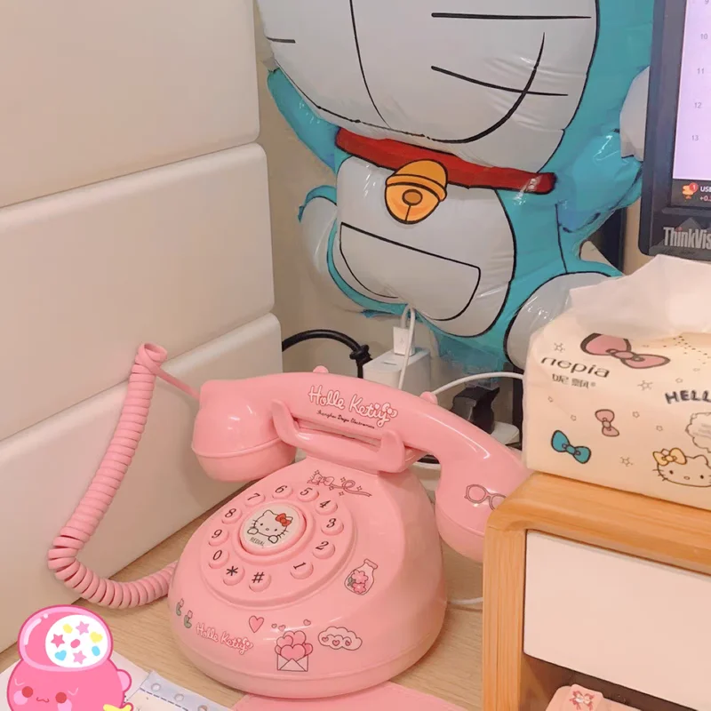 Sanrio Kawaii Antique Decoration Wired Landline Anime Hello Kitty Cute Retro Without Battery Girl Heart Pink Creative Gifts Toys