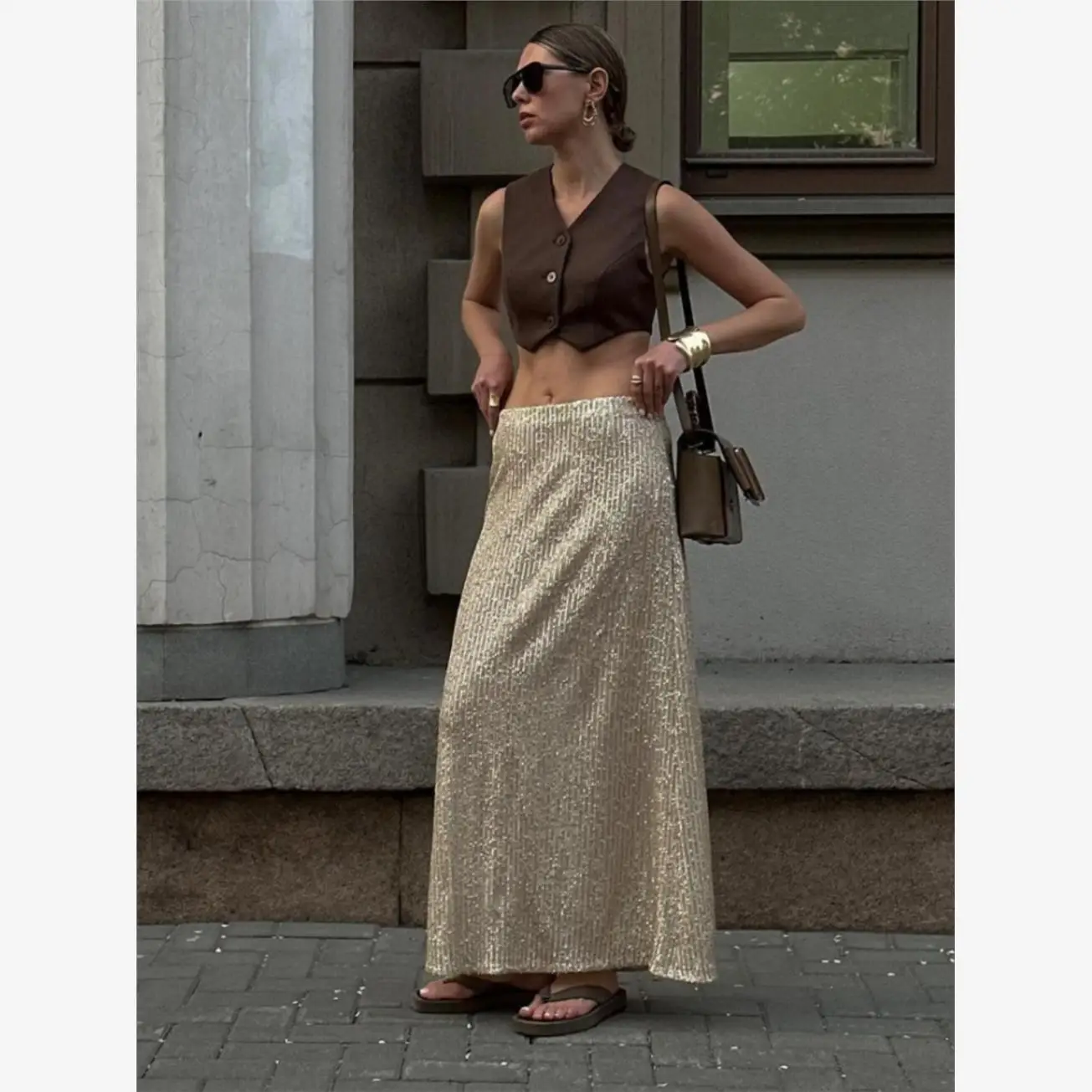 Sparkling Sequin Long Skirt High Waist  Dress Women's Fashionable Street Style Sexy Glittering Party Evening Gown