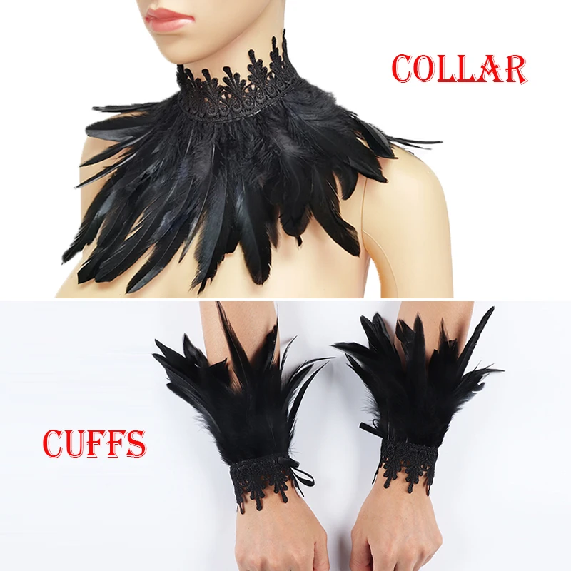 Victorian Lace Feather Fake Collar And Wrist Cuffs Set Gothic Feather Choker Neck Wrap Collar Feather Gloves Cosplay Party Props