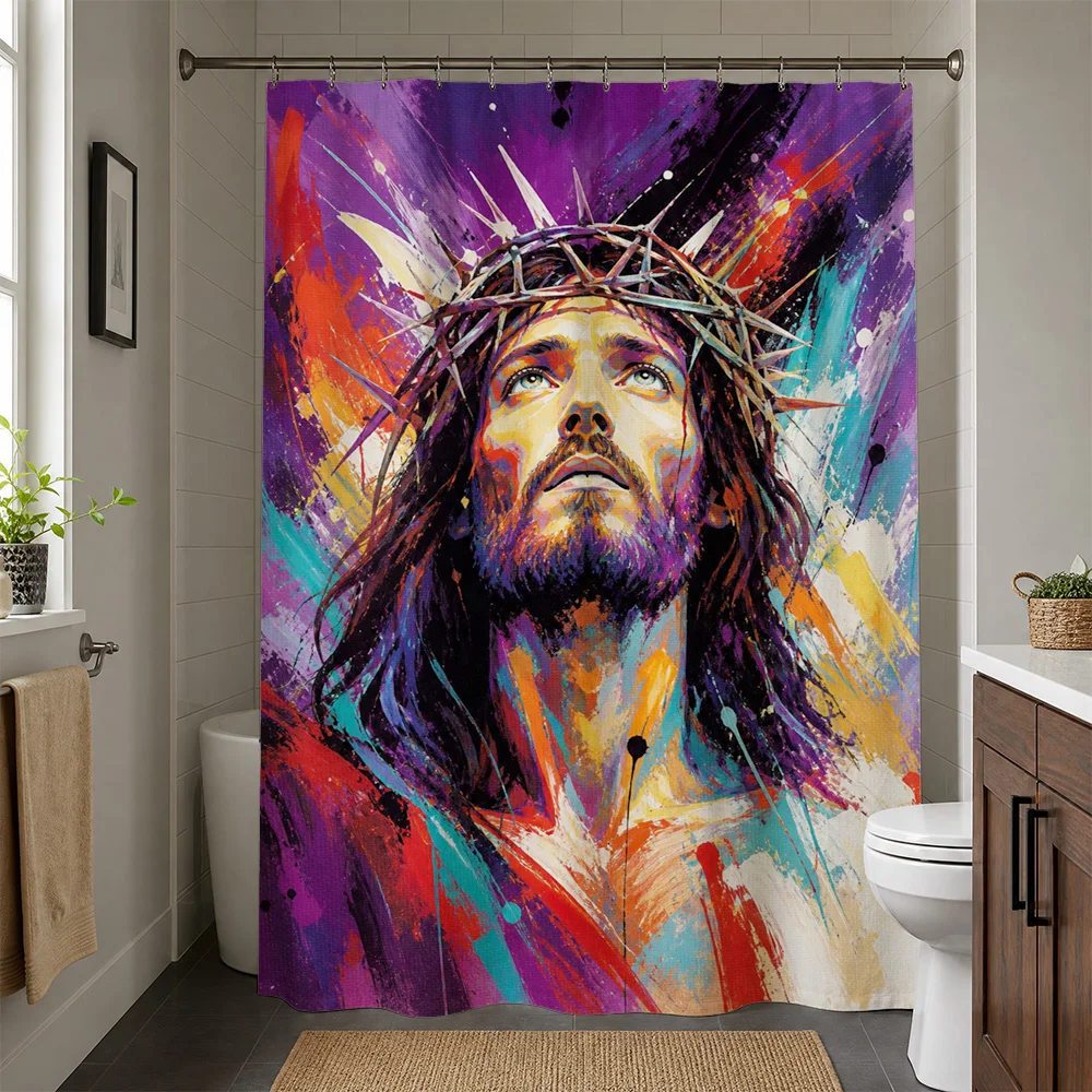 Abstract Jesus Christ Shower Curtain Waterproof Bathroom Decor Religious Bohemian Pop Art Print Spiritual Divine Home Accessory