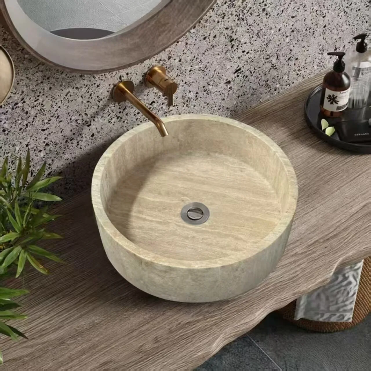 

Natural travertine countertop basin bathroom hotel stone wash basin creative retro marble wash basin