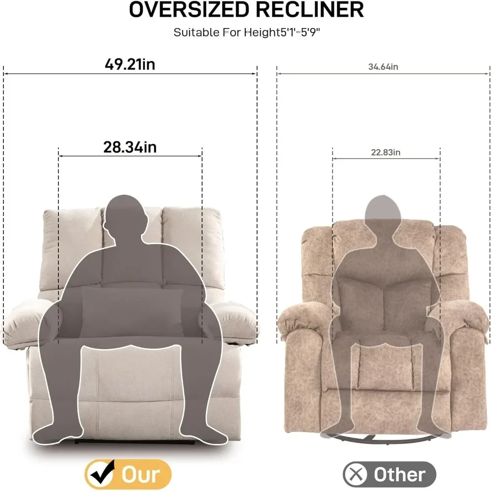 Oversized Recliner Chair 350 lb Weight Capacity, Plus Size 28 inch Large Wide Seat Manual Comfortable Fabric Recliner