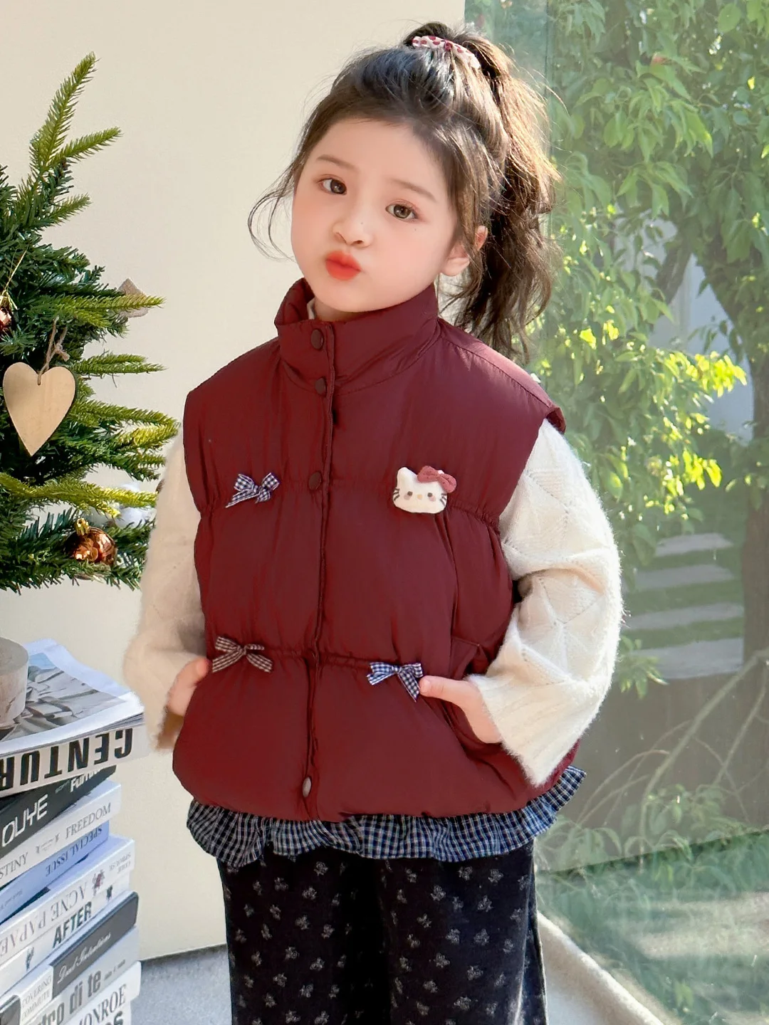 

Thiened Cotton Vest for Girls Autumn Winter Plaid Hem Warmth Kids Clothes Sweet Sle Long Sve Stand Collar Single Button
