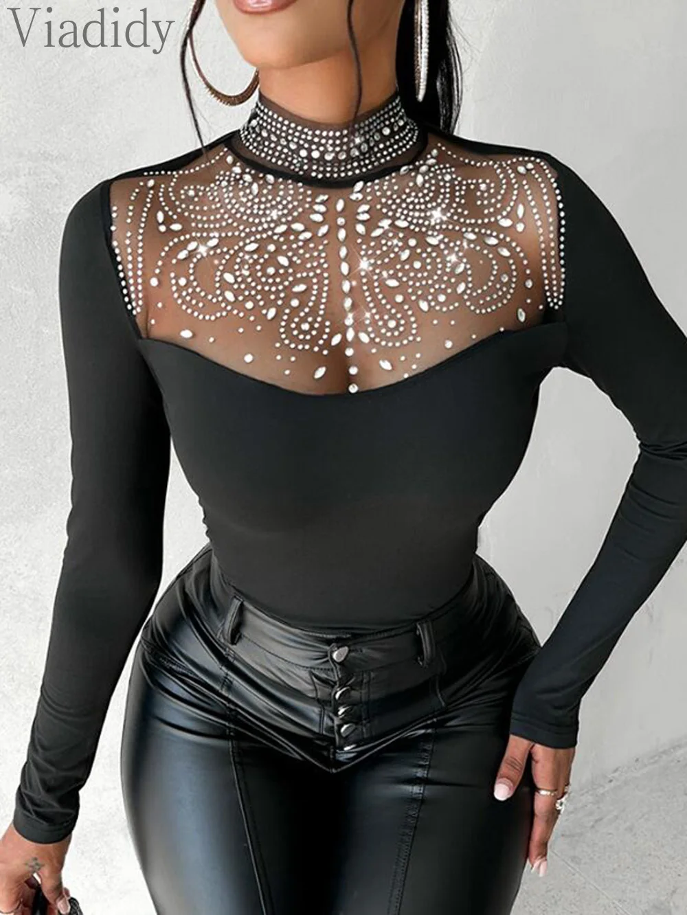 Women Sexy Solid Color Long Sleeve Sheer Mesh Patchwork Rhinestone Decor Skinny Top