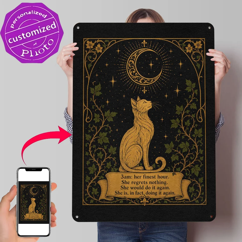 Mystische Katze unter dem Mond, bedrucktes Poster, individuelle Wandkunst, Retro-Vintage-Metallblechschilder für Raumdekorationen, Schreibtischdekoration für Männer