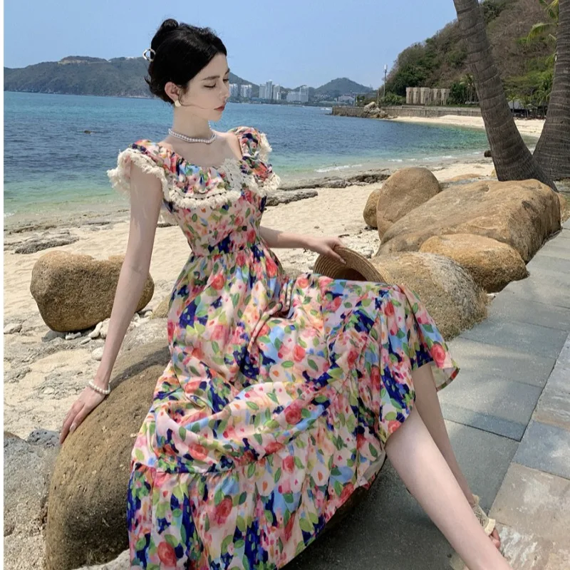 Summer Long Printed Dr Women's Beach Vaion One-oulder Floral Oil Painting Print A-Line Gown High Waist Svel